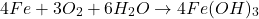 \[ 4Fe + 3O_2 + 6H_2O \rightarrow 4Fe(OH)_3 \]