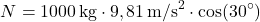 \[ N = 1000 \, \text{kg} \cdot 9,81 \, \text{m/s}^2 \cdot \cos(30^\circ) \]