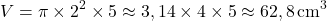 \[ V = \pi \times 2^2 \times 5 \approx 3,14 \times 4 \times 5 \approx 62,8 \, \text{cm}^3 \]